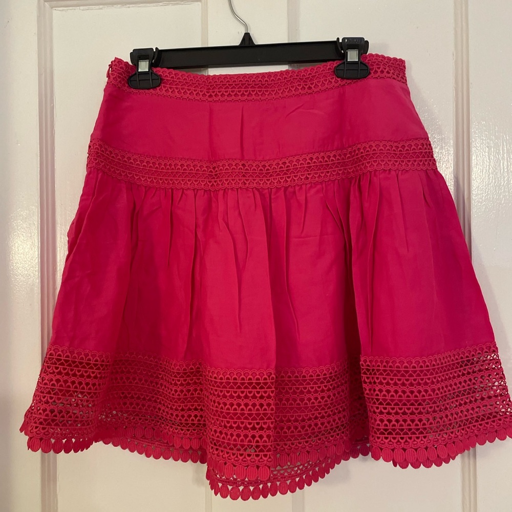 NWT! Haute Hippie Catherine Lace Trimmed Fuscia Cotton Silk Mini Skirt Size 8/L - Picture 7 of 11